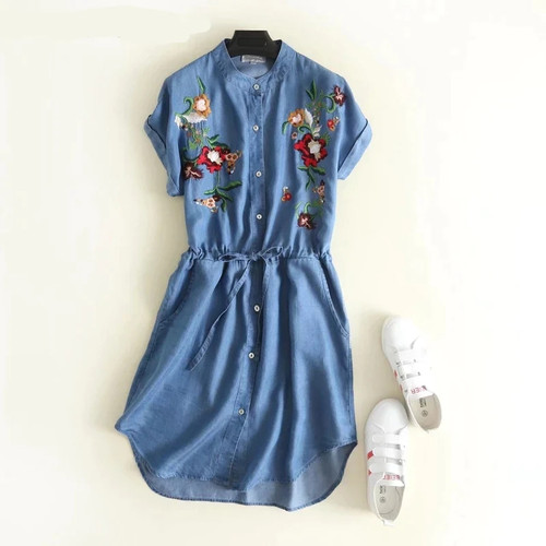 summer denim shirt dress dropped shoulder knee-length tied waist button embroidery Jeans floral dress short sleeves cotton