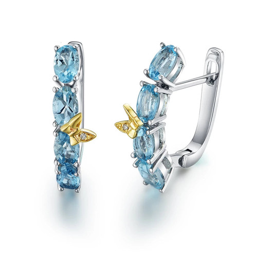 New 14k white  gold clasp earrings natural aquamarine "dragonfly" natural diamond fashion fine jewelry for girl