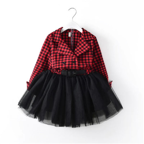 Fashion Children Girls Dress For Girls Red Plaid Long Sleeve Patchwork Tutu Dresses Princess Pageant Vestido Outfit Kids Clothes