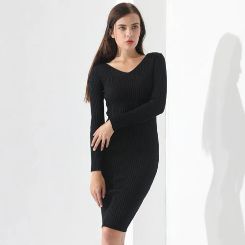 Sweater Dress Knitted Ladies Long Sleeve Dress Slim Pullover Clothing V Neck Fashion Full dress Warm Ladies Winter