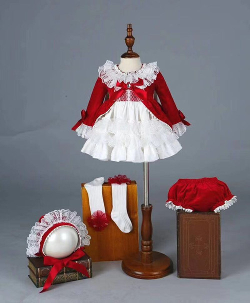 4 PCS Red Velvet Autumn Winter Girl Vintage Spanish Dress Ball Princess Dress Christmas Party Dress for Girl