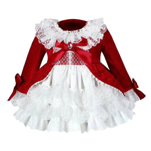 4 PCS Red Velvet Autumn Winter Girl Vintage Spanish Dress Ball Princess Dress Christmas Party Dress for Girl