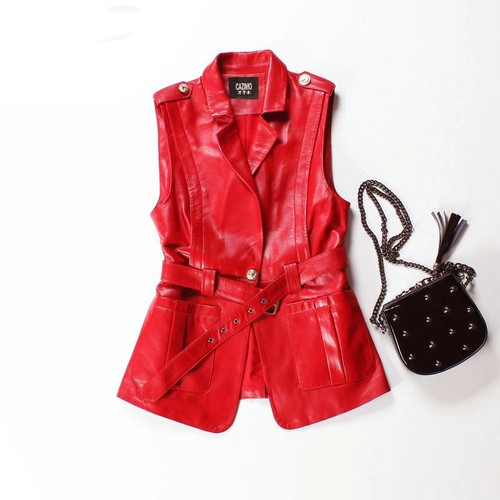 New Arrival Vest Women Sheepskin Black Red Sleeveless Jacket Ladies Fashion Design Belt  Lapel Real Leather Vest All Match