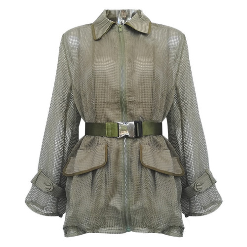 Hollow Out Solid Jacket For Women Lapel Collar Long Sleeve Zipper With Sashes Coat Female Summer