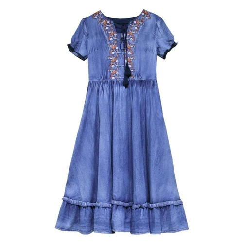 Plus Size High quality flower embroidery Slim Denim Dress Women Summer Short Sleeve Lady Tassel Lacing design Vintage Dresses