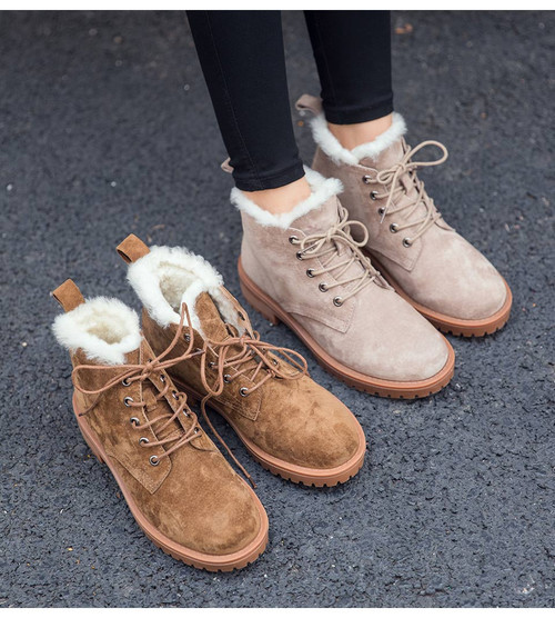 Wool Snow Boots Women Genuine Leather Round Toe Lace-Up Platform Winter Ladies Ankle Length Shoes Handmade