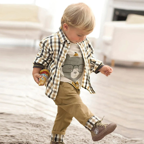 3pcs Toddler Kids Set 2 4 6 8Y Spring Summer  Baby Boy Gentleman Outfits Boy Plaid Print Shirt Cartoon T-Shirt  Pants Trousers