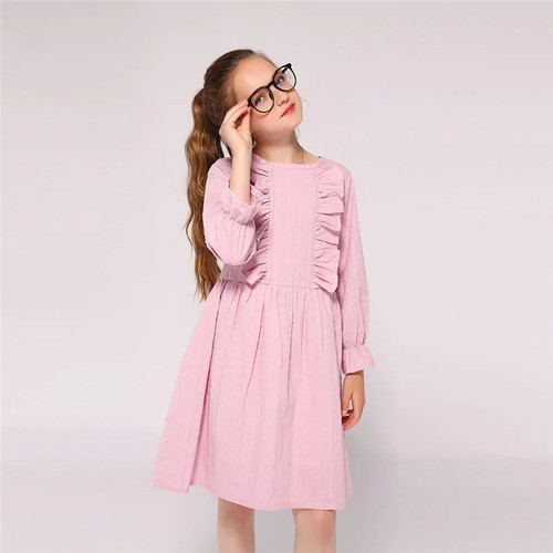 Kids Spring Autumn Pink Ruffle Long Sleeve Girl Dress Cotton Loose For 2 to 9 Years