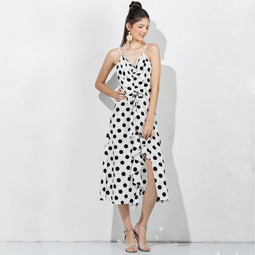 Summer Polka Dot Dress For Women Spaghetti Sleeveless Slim Party Dress Drawstring V-Neck Vintage White Dress