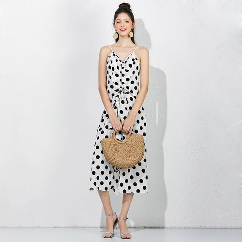 Summer Polka Dot Dress For Women Spaghetti Sleeveless Slim Party Dress Drawstring V-Neck Vintage White Dress