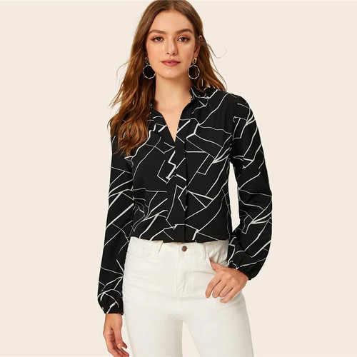 Casual Geometric Print V Neck Blouse Women 2019 Autumn Curved Hem Colorblock Blouses Ladies Black Chiffon Trim Top