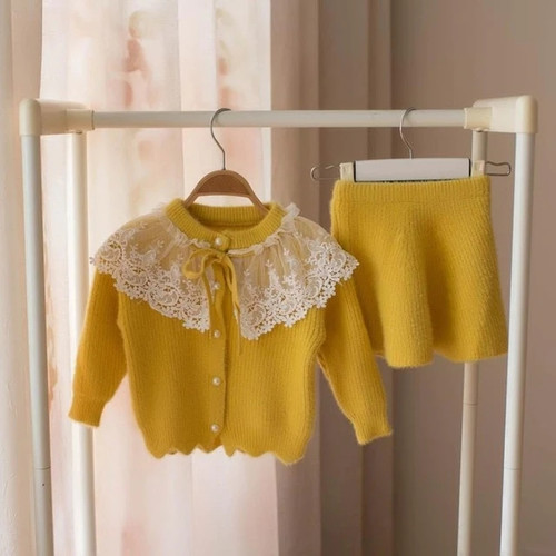 baby girls Clothes set Lace Wool Sweater suit for girl Autumn Spring Kids 2 pcs Clothing Children outfits Shirt skirt Outerwear