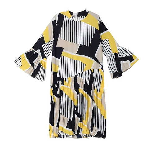 New Spring Autumn Stand Collar Long Flare Sleeve Pattern Striped Printed Pleated Loose Dress Women Fashion