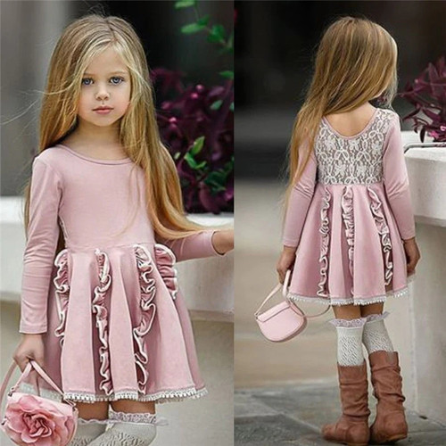 Lovely Kids Baby Girl Princess Dress Back Lace Patchwork Cotton Dress Girl Long Sleeve High Waist Ruffle Party Tutu Dresses 2-7Y