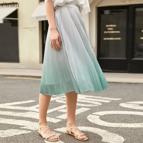 Summer New Women Skirt Elegant Gradient Skirt High Waist Pleated Skirt For Women Elastic Waist Long Skirt