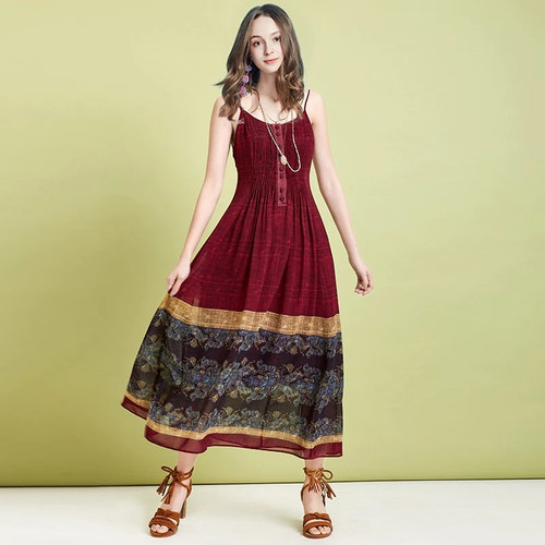 Summer Women Dresses Bohemian Vintage Dress Ethnic Style Print Dress Chiffon Long Spaghetti Strap Dress
