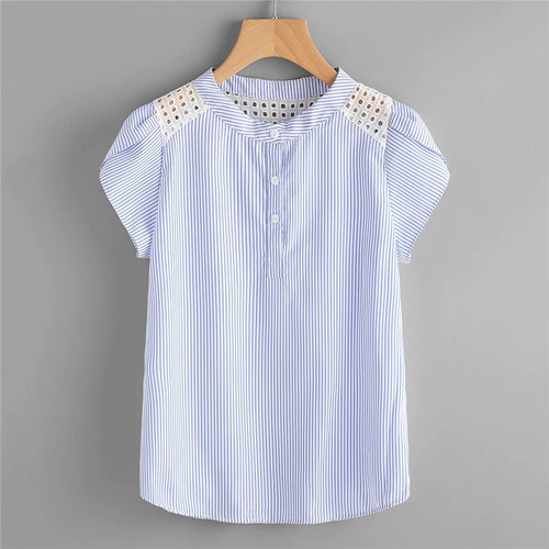 Blue Eyelet Embroidered Lace Petal Sleeve Blouse Short Sleeve Striped Button Top Summer Women Blouse