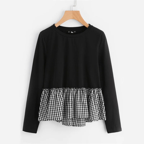 Checkered Flounce Trim Mixed Media Tee Shirt Black Color Block Round Neck Top Autumn Ruffle Hem Long Sleeve T-shirt