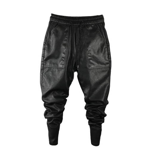 Men`s Winter Warm Faux Leather Harem Pants Elastic Waist Drawstring PU Joggings Trousers For Male