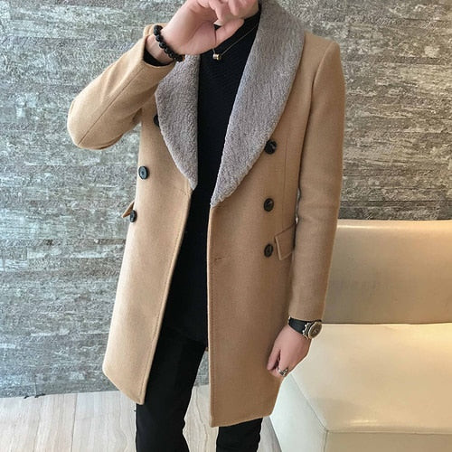 Men winter windbreaker lapel thick section fur collar long double-breasted simple fashion Slim warm woolen blended coat