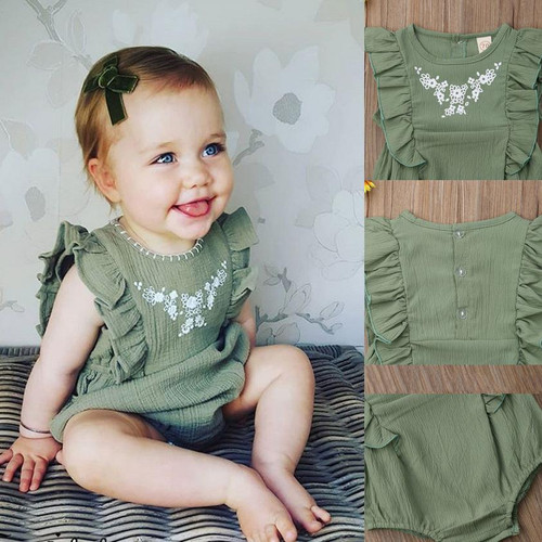 Infant Newborn Baby Girls Flower Clothing Ruffles Baby Rompers Vintage Green Jumpsuit Baby Girl Costumes