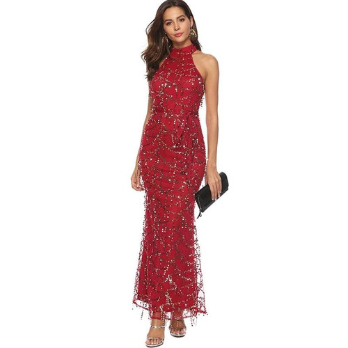 Summer Halter Mesh Dress Sexy Sleeveless Tassel Sequined Long Dress Women Party Club Bodycon Maxi Dresses Red