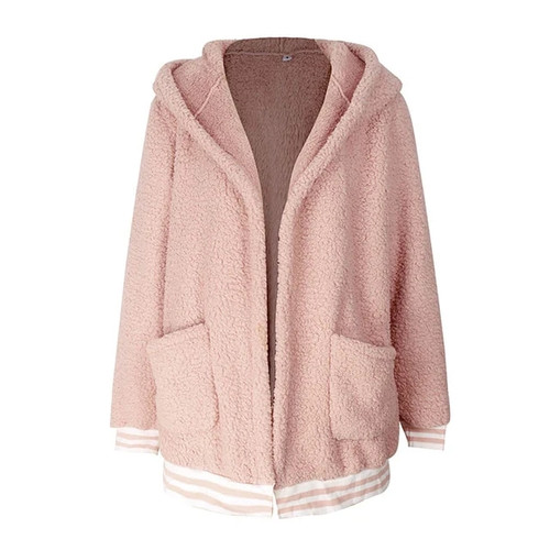 Warm winter faux fur coat women hooded fashion streetwear long coat pockets striped 2019 Autumn female coat outerwear