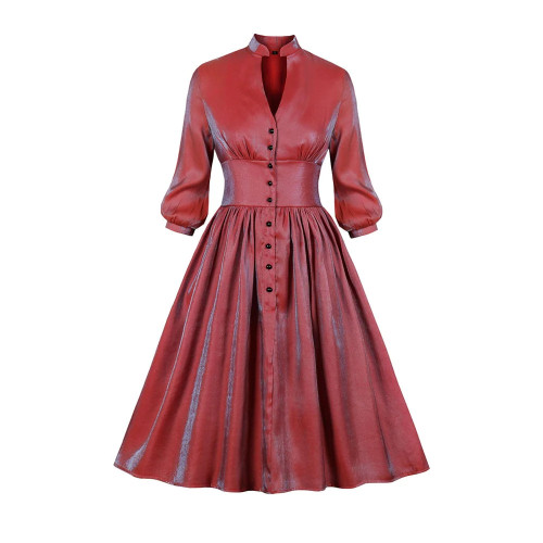 Autumn New Elegant Pearlescent Deep V- Neck Swing Female Retro Dresses Red Gothic A-line Dresses Vintage Party Dresses