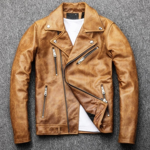 Vintage Real Leather Biker Motorcycle Jacket Mens Zippers Slim Fit Genuine Leather Male Coat