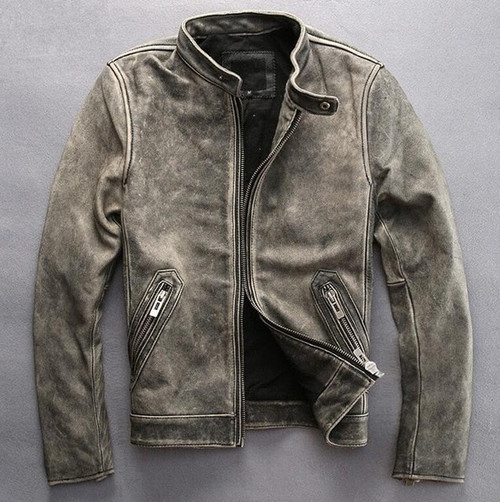 Vintage Men's leather motorcycle rider jacket collar embroidery leather motorcycle rider leather jacket