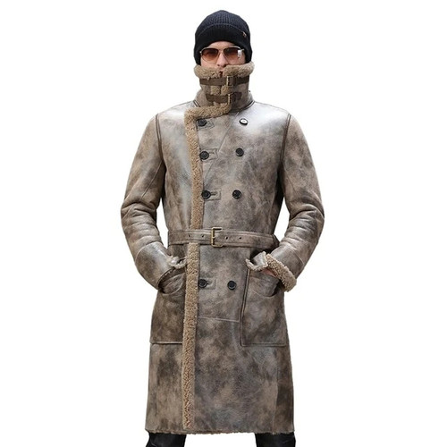 High Quality Real Sheepskin Fur Coat Casual Winter Long Thick Jacket Double Breasted Sheepskin Shearling Men Fur Warm Outwear