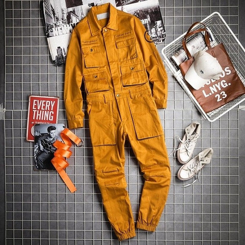 Autumn Hip Hop Mens Jumpsuits Long Sleeve One Piece Vintage Joggers Overalls Casual Loose Rompers Full Length Pants