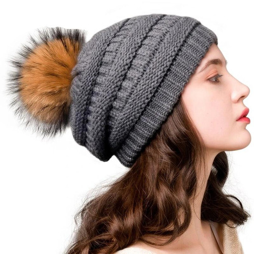 Winter Beanie Hat Women Real Fur Pompom Slouchy Beanie Knitted Ladies Stretchy Chunky Hat Warm Bobble Skullies Cap