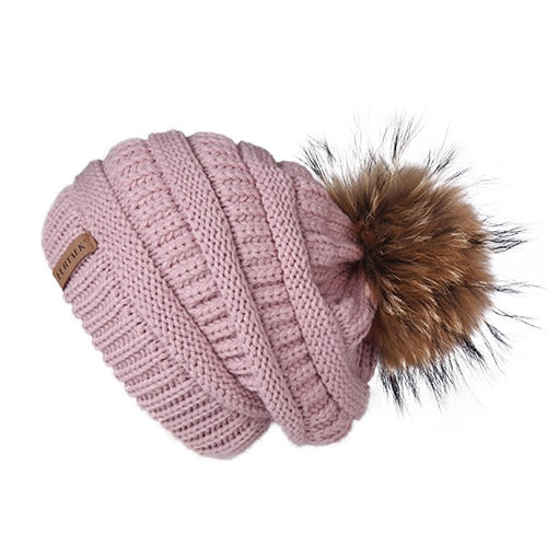 Winter Beanie Hat Women Real Fur Pompom Slouchy Beanie Knitted Ladies Stretchy Chunky Hat Warm Bobble Skullies Cap