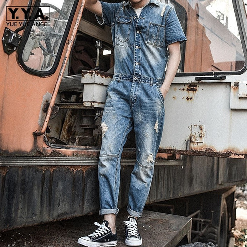 Retro Mens Overalls Short Sleeved One Piece Denim Pants Casual Washed Jeans Jumpsuits Button Classic Hole Ripped Trousers