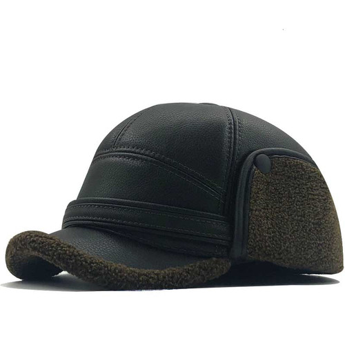 Mens winter leather cap warm patchwork dad hat baseball caps with ear flaps russia adjustable snapback hats for men