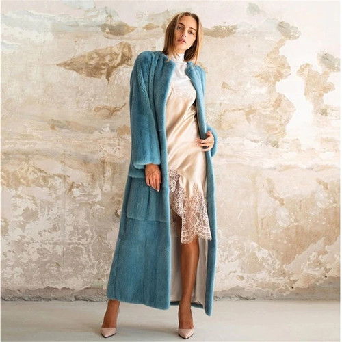 Blue Coat Long Winter Real Fur Coat Women Natural Mink Fur Coat With Belt Femme Casual Clothing X-Long Solid