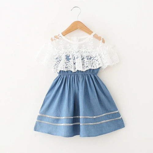 Amor Girls Dress Denim Slim Lace Patchwork Jeans Dress Elegant Girls Princess Flower Dress Kids Hollow Out Dress