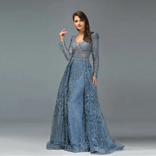 Blue Luxury Long Sleeves Evening Dresses V-Neck Handmade Flowers Crystal Sexy Evening Gowns