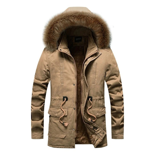 Winter Men's Wadded Parka Thicken Hooded Jacket Fur Collar Cotton-Padded Warm Coat Casual Solid Overcoat Lace-up Fleece