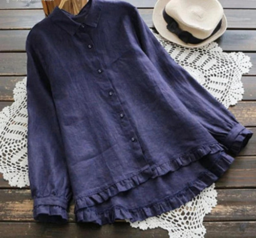 Ruffle Top Vintage Women Linen Blouse Female Button Down Shirt Asymmetrical Blusas Elegant Work Tunic Tops