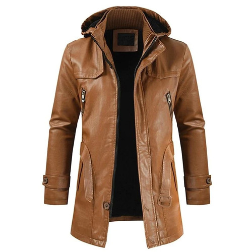 Men Winter New Long Hooded Thick Fleece Leather Jacket Parkas Men Outwear Casual Vintage Warm Faux Leather Jackets
