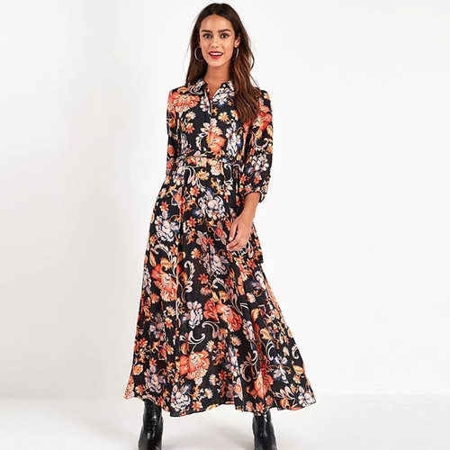 Floral Print Long Maxi Dress Women Elegant Casual Turn Down Collar Shirt Dress Three Quarter Sleeve Bohemian Sashes Dresses