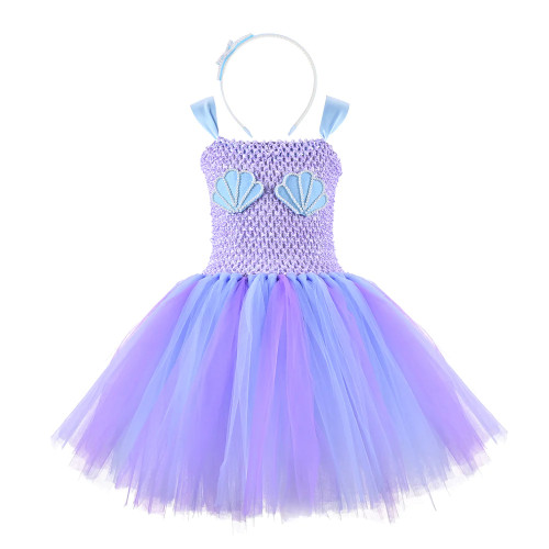 Mermaid Princess Tutu Dress with Headband Girls Blue Purple Under The Sea Birthday Party Dress Kids Halloween Mermaid Costume