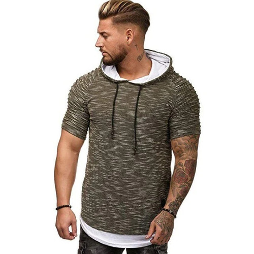 Men T-Shirt Pleated Shoulder Slim Fit T-Shirt Men Streetwear Skinny Hip Hop Tee Shirt Casual Short Sleeve Hoody Cotton Top Tees