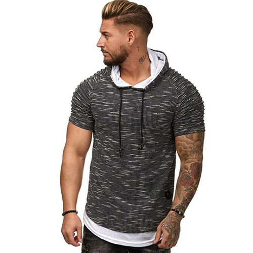 Men T-Shirt Pleated Shoulder Slim Fit T-Shirt Men Streetwear Skinny Hip Hop Tee Shirt Casual Short Sleeve Hoody Cotton Top Tees