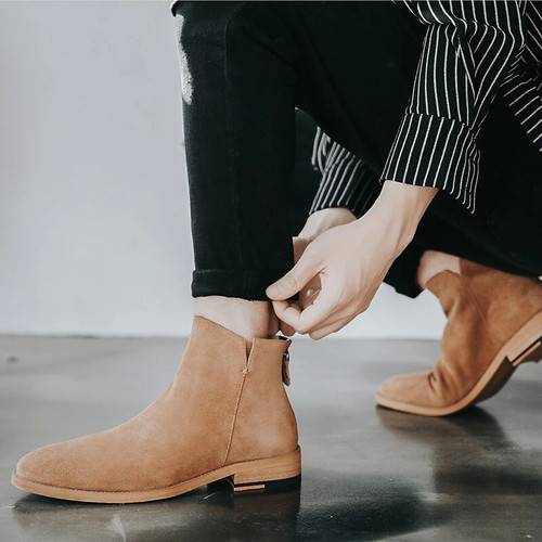 Men Shoes England Trend Casual Ankle Boots Zip Genuine Leather Male Wedding Dress Chelsea Boots Flats