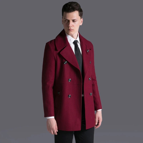 Double-breasted Classic Autumn Winter Men Pea Coat Casual Wool Blend Mens Trench Overcoat