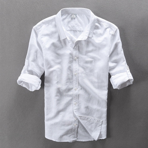 New Casual Linen Shirt Men White Solid Long Sleeve Shirts Men Cotton Brand Mens Shirt