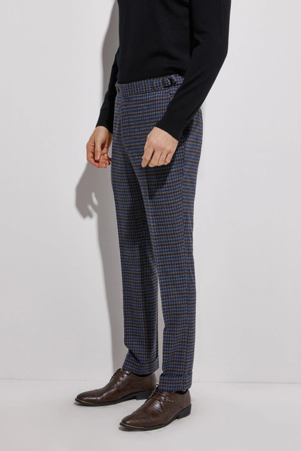 Flannel Pants With Cuff Dark Blue Plaid Men Slim Fit Business Pants Custom Made Flannel Trousers With Side Adjusters